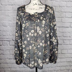 LC Lauren Conrad Women's Long Sleeve Boho Floral Print Square Neck Top Size L